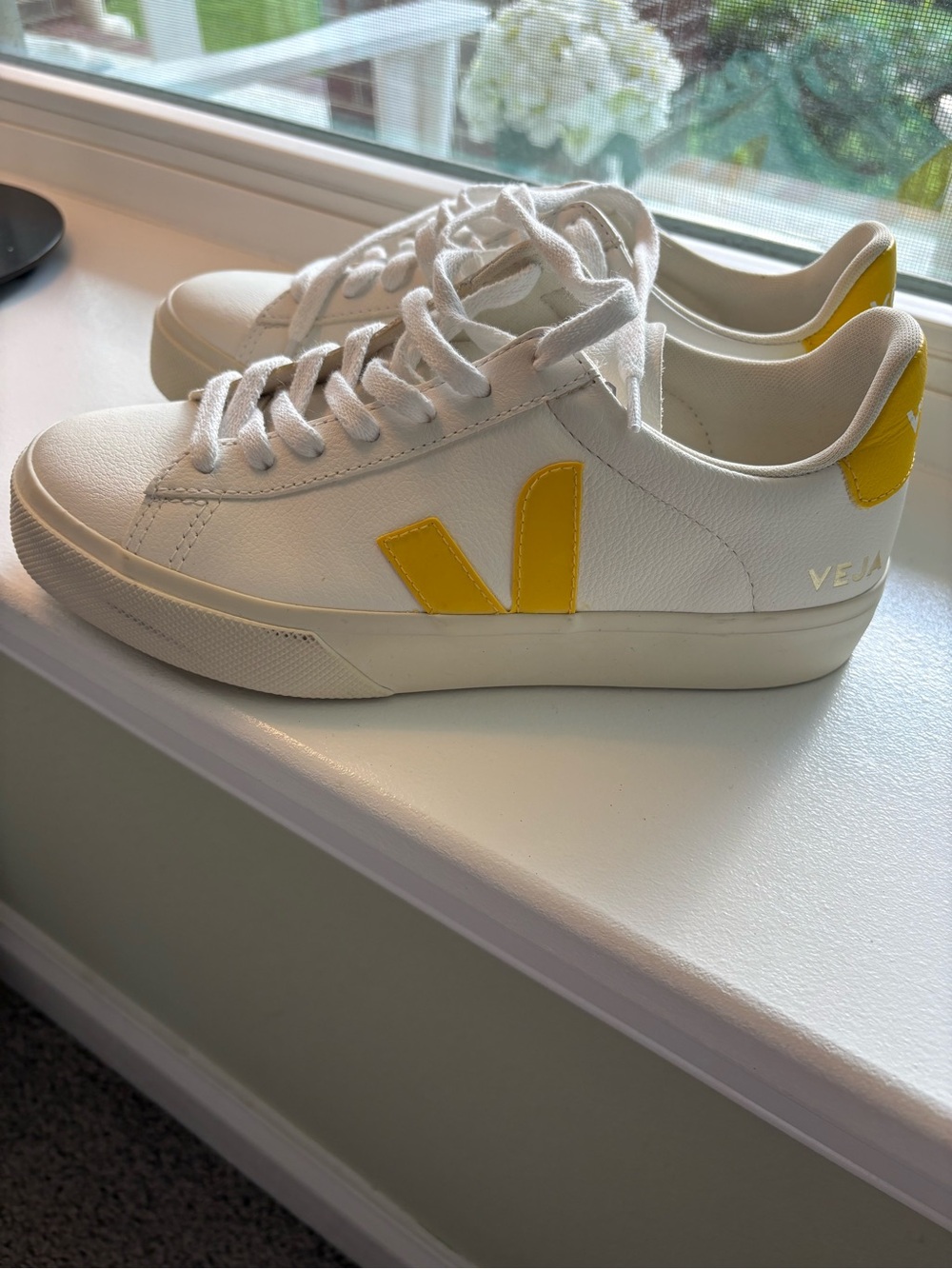 Veja White Leather Sneakers with Yellow V Detail - Picture 2 of 5